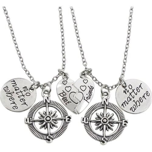 2 Piece Set Of Good Friends Series Pendant Letters Good Friends No Matter Where The Compass Shape Friendship BFF Necklace