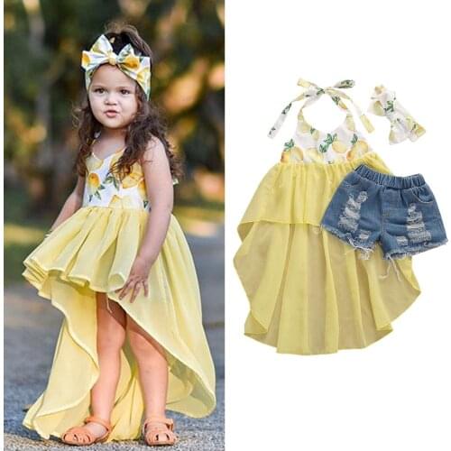 1-6y Infant Baby Girls Clothes Sets Lenmon Print Sleeveless Blet Lace Dress Vest+blue Denim Shorts