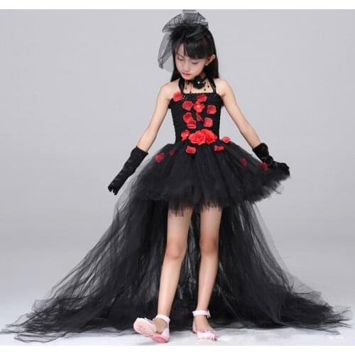 POSH DREAM Black Flower Petals Rhinestone Girls Dresses for Party Red Flower Kids Girls Tutu Dress with Train Tulle Kids Clothes
