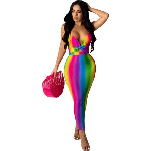 Beach Style Womens Clothing Fashion Sexy Deep V Stripes Gradient Printing Suspenders Sleeveless V Neck Hollow Tight Bow Dress