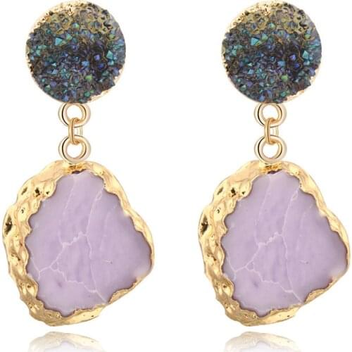 Fancy Wedding Stone Druzy Resin Earrings Purple Drop Earrings For Women Statement Jewelry Pendientes Mujer Moda 2019 Ohrringe