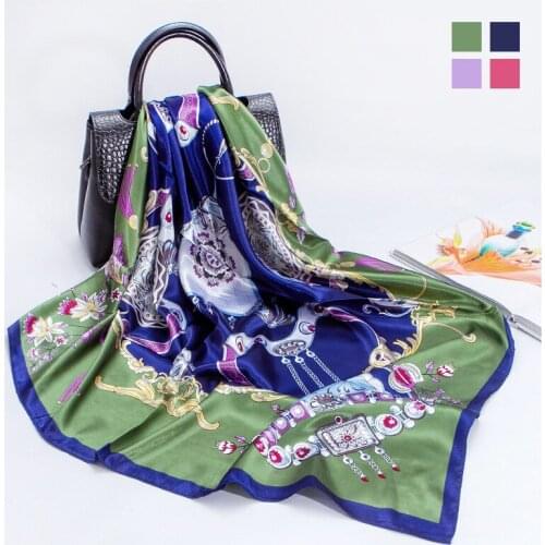 European and American 90cm Large Square Scarf Jewelry Chain Satin Printing Womens Silk Scarf Scarf Scarf