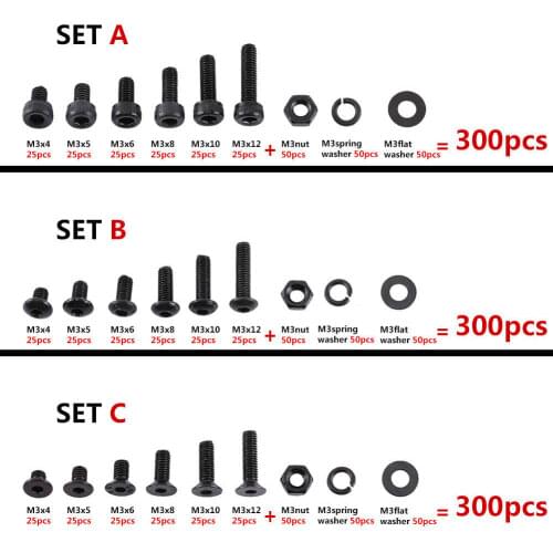 High-quality 300pcs M3(3mm) Black Alloy Steel High Tensile Allen Bolts Hex Button Flat Socket Head Cap Screws Nuts Washer Set