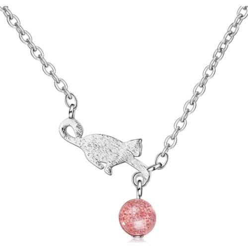 WYEAIIR Brushed Cute Cat Strawberry Crystal Fresh Sweet 925 Sterling Silver Clavicle Chain Female Necklace