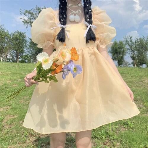 Yellow Sweet Princess Dress Women Japanese Fairy Sexy Backless Mini Dress Casual Korean Party Birthday Dress for Women 2021 New