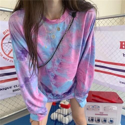2021 Womens Tie Dye Printed T-shirts Korean Style Round Neck Long Sleeve Tee Tops WDC6518