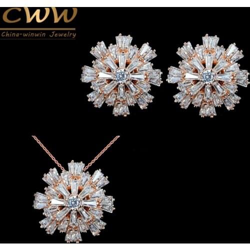 CWWZircons Design Vivid Flower Ladies Jewelry Rose Gold Color Cubic Zirconia Paved Fashion Jewellery Sets For Women T181