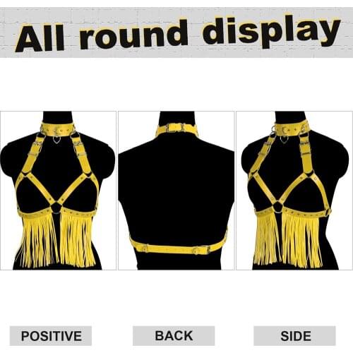 Women Tassel Leather Body Harness Bra Punk Goth Strappy Tops Cage Belt Adjustable Bondage Lingerie Festival Rave Costume Garter