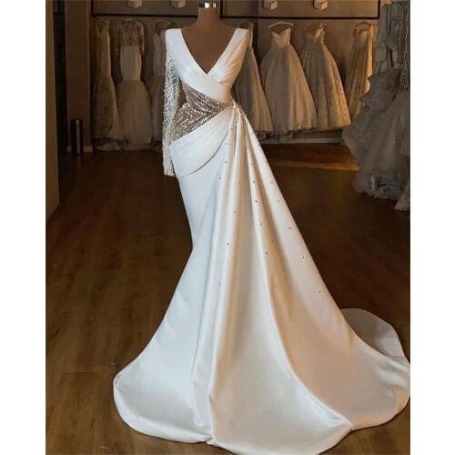 Robe De Soiree Mermaid Pearls Prom Dresses With Detachable Train V Neck Beading Formal Dubai Middle East Evening Party Gown 2021