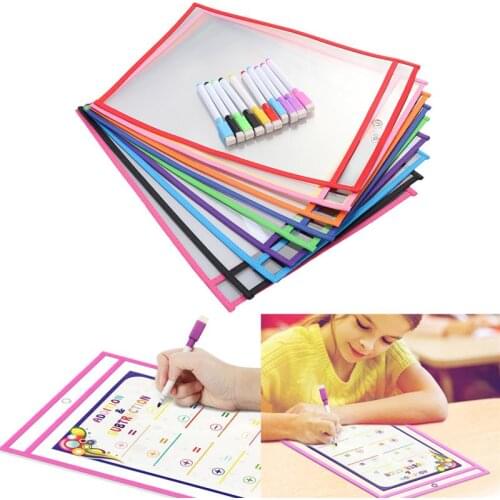 20pcs Reusable Storage Bag Office Supplies Transparent PVC Sewing Bag Reusable Dry Erase Pockets (10 Standard Bags + 10 Pens)