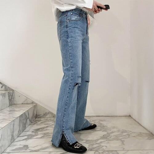 2021 Men Hole Summer Fashion Casual Straight Long Jeans Male Female Unisex Japan Korea Streetwear Vintage Denim Pants Trousers