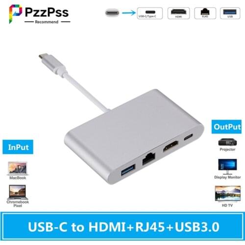 PzzPss USB Type C USB3.1 to HDMI 4K+RJ45 Gigabit Ethernet+USB 3.0 Type C Hub Adapter USB-C Splitter for Macbook Air Pro Samsung