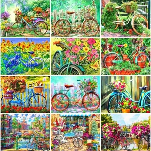 AZQSD Diamond Painting Bicycle Flower Cross Stitch Kits Diamond Embroidery Landscape Mosaic Rhinestones Handmade Home Decoration