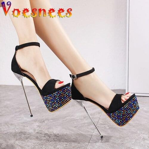 Fashion One Word Band Black Suede New Cover Heel Sandals Women Color Drill Waterproof Platform 16CM Super Model Stiletto Shoes