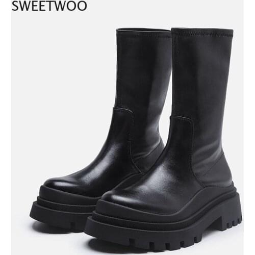 2021 New Women Boots Ankle Stretch Slip-On Ladies Shoes Solid Platform Short Boots Female Casual Leather Fashion Footwear