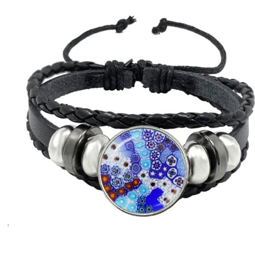 Murano Millefiori Cuff Button Bracelet MultiColour Flower Glass Cabochon Adjustable Black Leather Bangle For Women Men Gift