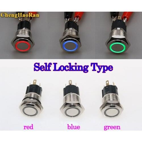 ChengHaoRan 1pcs flat head ring light waterproof 16mm metal push button switch Self Locking Type On-off 12V switch button