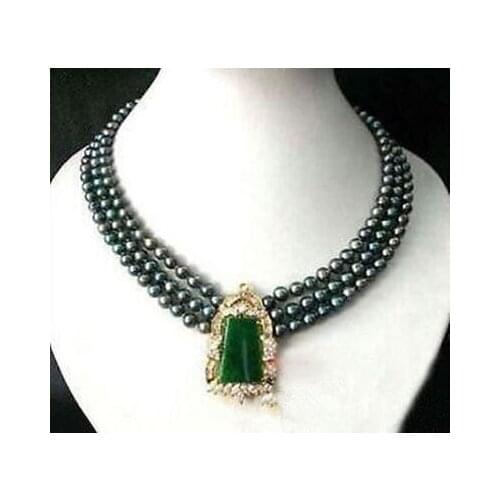 HOT## Wholesale FREE 3 row black pearl green stone crystal pendant necklace