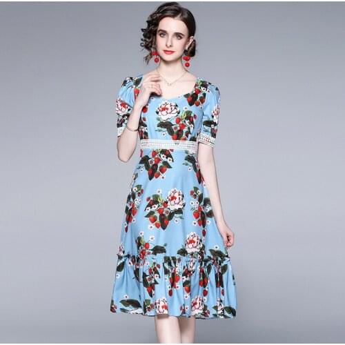 JSXDHK New 2021 Runway Designer Women Square Collar Midi Dress Summer Strawberry Printed Patchwork Lace Blue Ruffles Party Dress