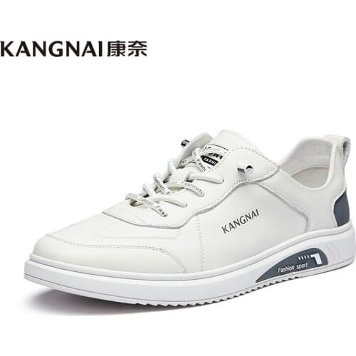 KANGNAI Men Sneakers Genuine Cow Leather Casual Shoes Solid Color Elastic Band Comfortable Male Skateboarding Walking Flats