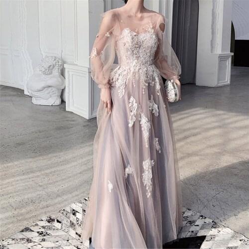 Pretty Homecoming Dresses Long Sleeves O Neck Tulle A-line Lace Appliques Women Formal Evening Prom Graduation Elegant Gowns