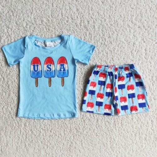 Baby Boy Summer Clothing Popsicle Pattern Blue Short Sleeve Shorts Set July 4th Design Boutique Clothing RTS