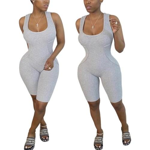 Summer Sportwear Ribbed Knitted Bodycon Playsuit Sexy U Neck Sleeveless Biker Shorts Bodycon Lounge wear Body Fitness Rompers