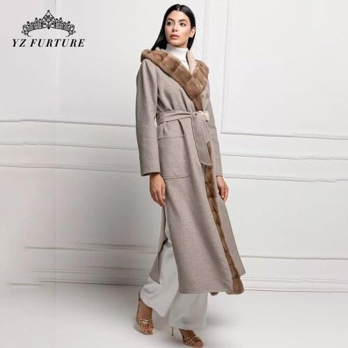 2021 New Women Natural Mink Fur Collar Hooded Woolen Coat Belt Ladies Luxury Mink Fur Hood Placket Spring Fashion Long Overdress