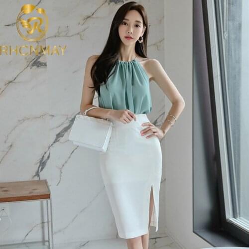 New Korea Summer Office Lady 2 Piece Set Women Off Shoulder Halter Shirt Tops Suits + Work Bodycon Split Pencil Skirts Set