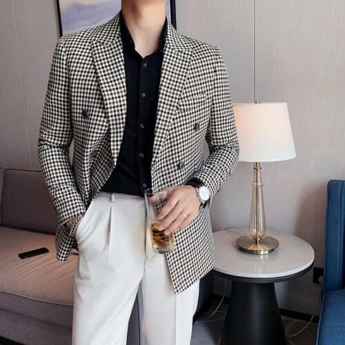 Mens All-match Slim Blazers British Casual Houndstooth Suit Jacket Business Office Formal Jacket Wedding Social Costume Homme
