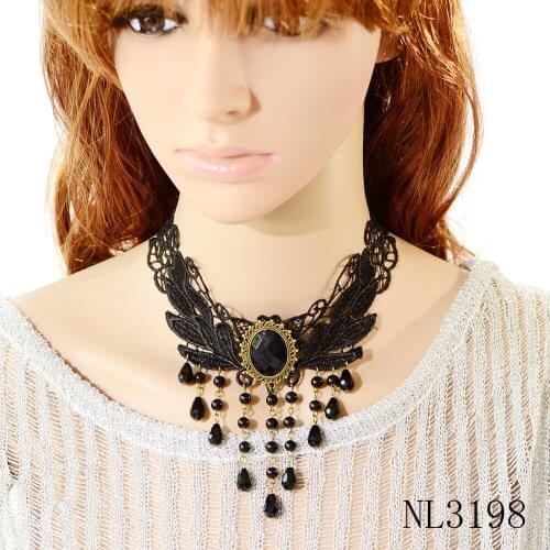 Black Elegant Teardrop Bead Tassel Pendant Choker Collar Necklace for Women Leaf Flower Lace Necklace Jewelry