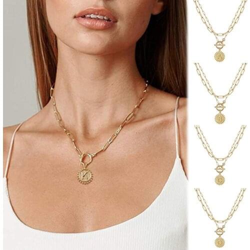 Gold Layered Initial Necklaces for Women 14K Gold Plated Dainty Layering Paperclip Link Chain Necklace Alphabet Pattern DD