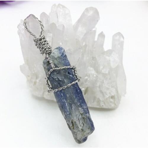 Charms natural blue kyanite stone irregular shape pendant silver-color wire winding exquisite handmade gifts diy jewelry B3076