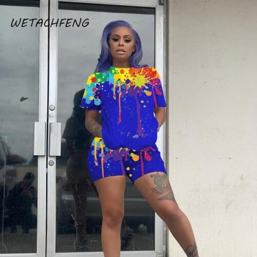 Plus Size Womens Tracksuits Summer Print Blue Biker Shorts And Tops Two Piece Set Casual Sport Suit 2021 Loungewear Clothing