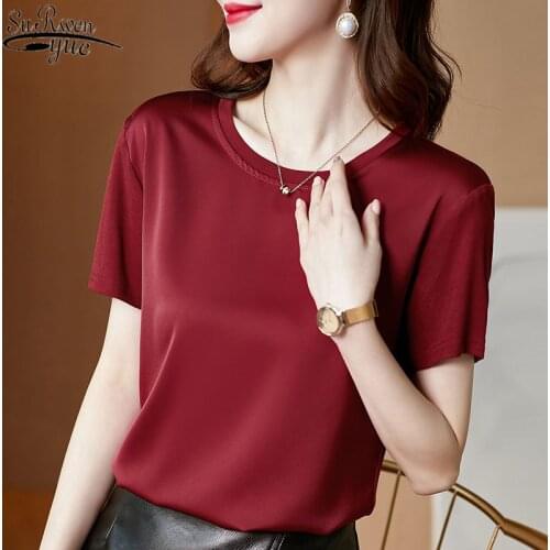 Satin Silk Shirts O-Neck T-shirt for Women Short Sleeve Tops Simple Fashion Women Clothing All-match Commute Slim Female 13378
