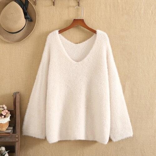 Plus Size Sweater For Women Autumn Winter Looser Tops Long Sleeve V-Neck Solid Color Lazy Wind Large Size Lmitation Mink Sweater