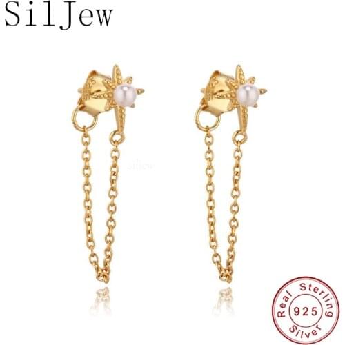 SilJew 100% 925 Sterling Silver Minimal Delicate Women Girl Jewelry White Sea Pearl Bead Stud Tassel Chain Earring Pendientes
