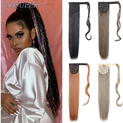 AZQUEEN Synthetic Long Straight Ponytail Hairpiece Wrap on Clip Hair Extensions Brown Tinsel Laser Colored Fack Hair