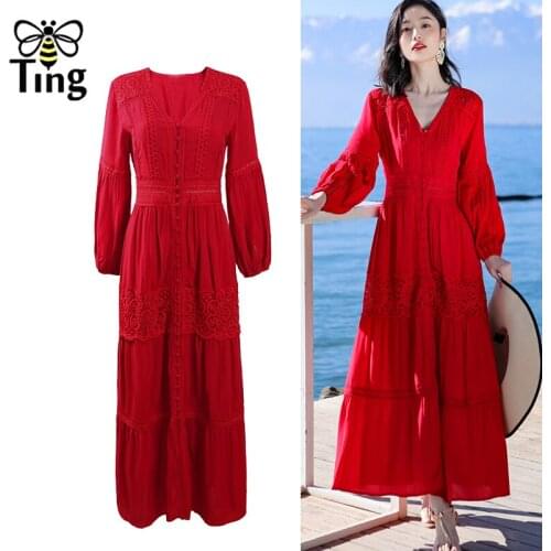 Tingfly Bohemian Singel Breasted Lace Patchwork Red Maxi Long Dress Boho Summer Street Chic Casual Dress Vestidos Robes Zaful