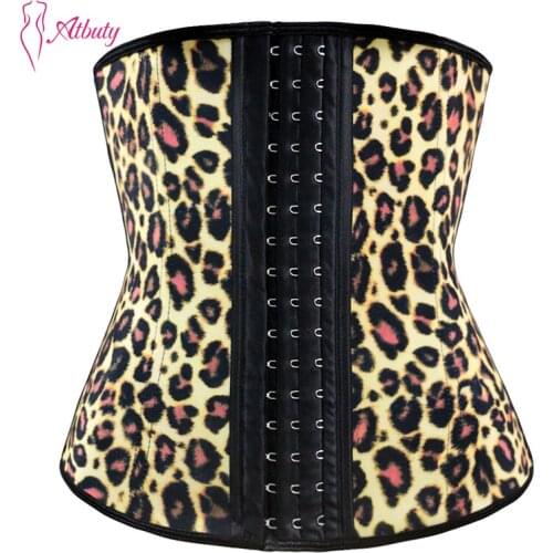 Atbuty Leopard Waist Trainer Steel Boned Latex Waist Cincher Workout Corsets Body Shaper Girdles Slimming Underwear