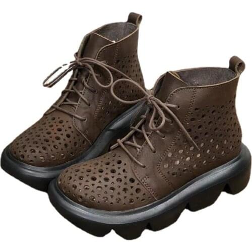 208-1 Spring and Summer Retro Handmade Drilled Boots First Layer Cowhide Big Wave Thick Bottom Hollow Womens Sandal Boots Shoes