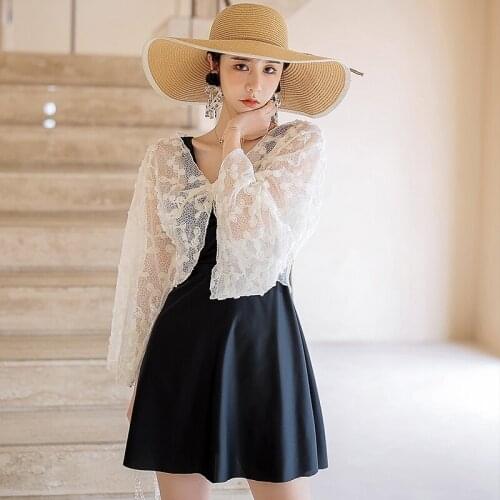 Long Sleeve Swimsuit Women One Piece 2 Sets Solid Swimwear White Gauze Smock Bathing Suit L-4XL Pleated Skirts Padded Wire-free