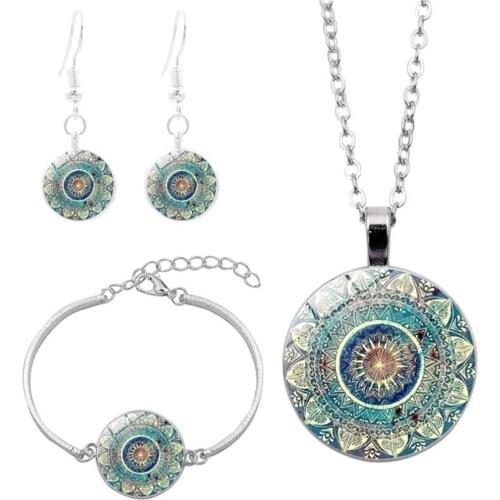Women Glass Cabochon Pendant Mandala Necklace Bracelet Earrings Jewelry Set Gift