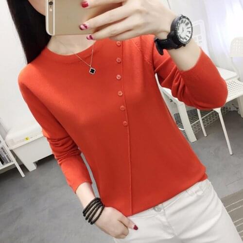 Casual Sweaters Women 2021 Korea Style O Neck Button Knitted Sweaters Autumn Winter Slim Pullover Sweater Basic Thin Jumper Tops