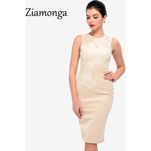 Ziamonga Summer Women Embroidery Lace Dress Sleeveless Knee Length Midi Office Dress Elegant Sexy Party Bandage Dress Vestidos