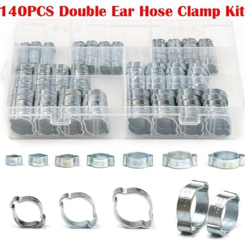 140Pcs 5-18mm Zinc Plated Double Ear Clamp Air Fuel Hose Pipe O Clip Assortment Kits