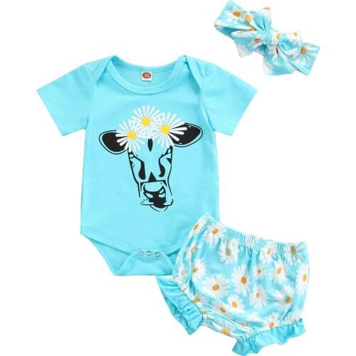 2021 0-24M Sweet Baby Girl Clothes Cow Daisy Print Short Sleeve Romper+Floral Triangle Shorts+Headband Summer 2pcs Outfits Set
