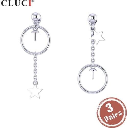 CLUCI 3 pair Silver 925 Earrings For Women Pearl Earrings Mounting Jewelry 925 Sterling Silver Star Drop Earring SE107SB