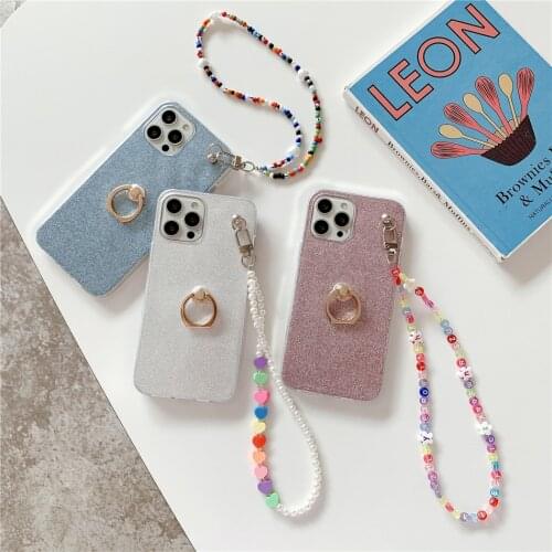 Strap Chain Glitter Case for iPhone 12 11 Pro XS Max XR X 7 8 Plus Wrist Band Bracelet Soft Silico Cover Coque Ring Holder Stand
