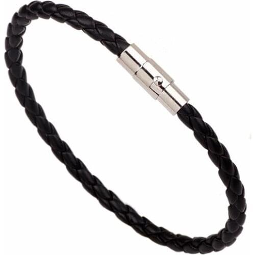 MIQIAO Stainless Steel Titanium Weaven Leather Magnetic Buckle Vintage Simple Bangle Wrist Band Chains Bracelet for Men Women